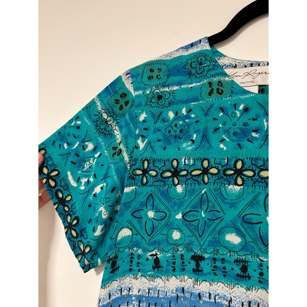 Kim Rogers Petite Small 100% Silk Teal Blue Abstract Geometric Short Sleeve Top - Picture 3 of 7
